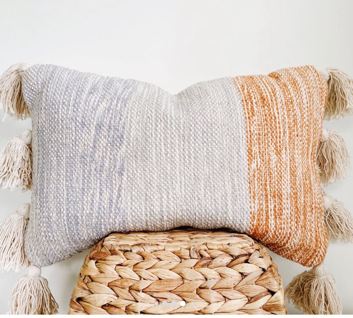 Designer handloom woven cushion cover with chunky tassels 35x55 cm