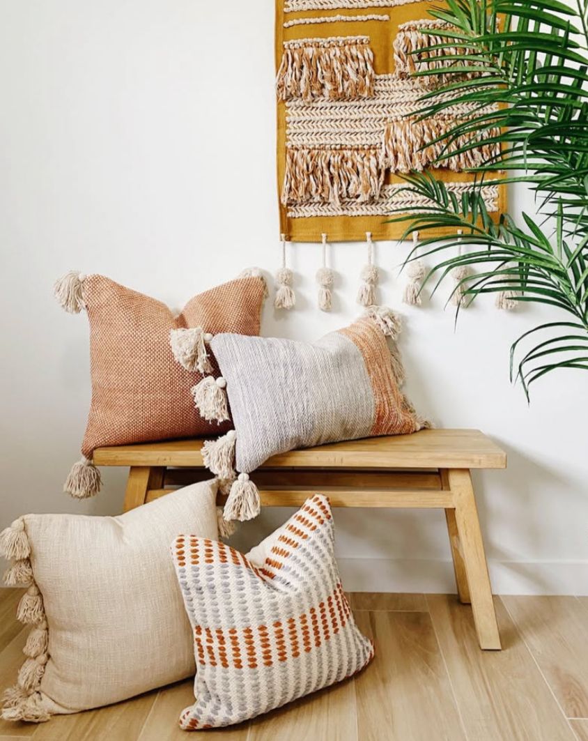 Designer handloom woven cushion cover with chunky tassels 35x55 cm